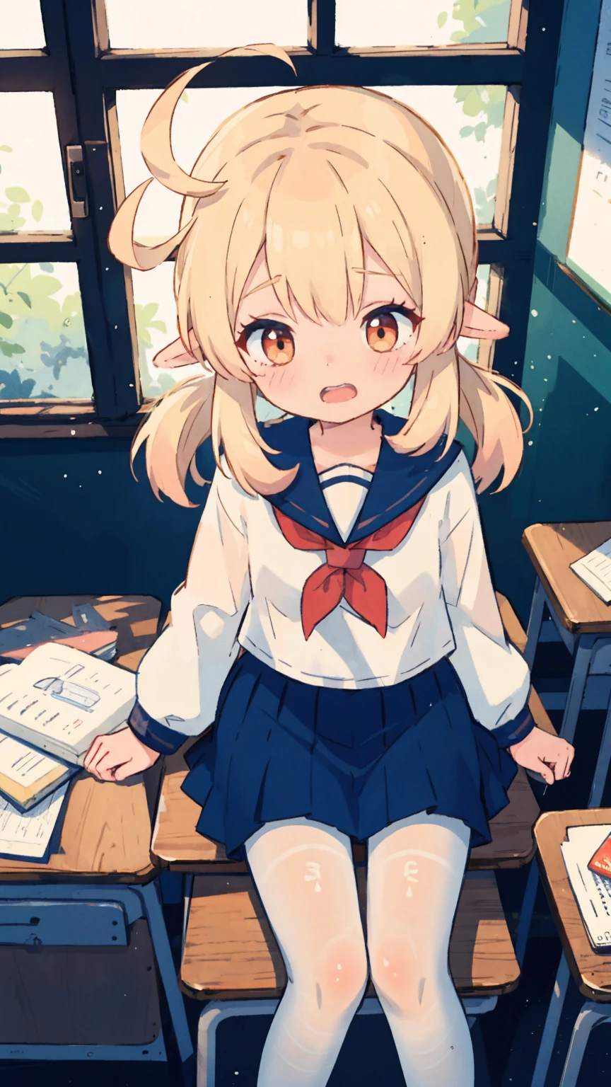 1girl, klee \(genshin impact\), cowboy shot, shy, blush, serafuku, sailor collar, pleated skirt, white pantyhose, classroom, window, backlighting, sitting on school desk, depth of field, from above, finger to mouth