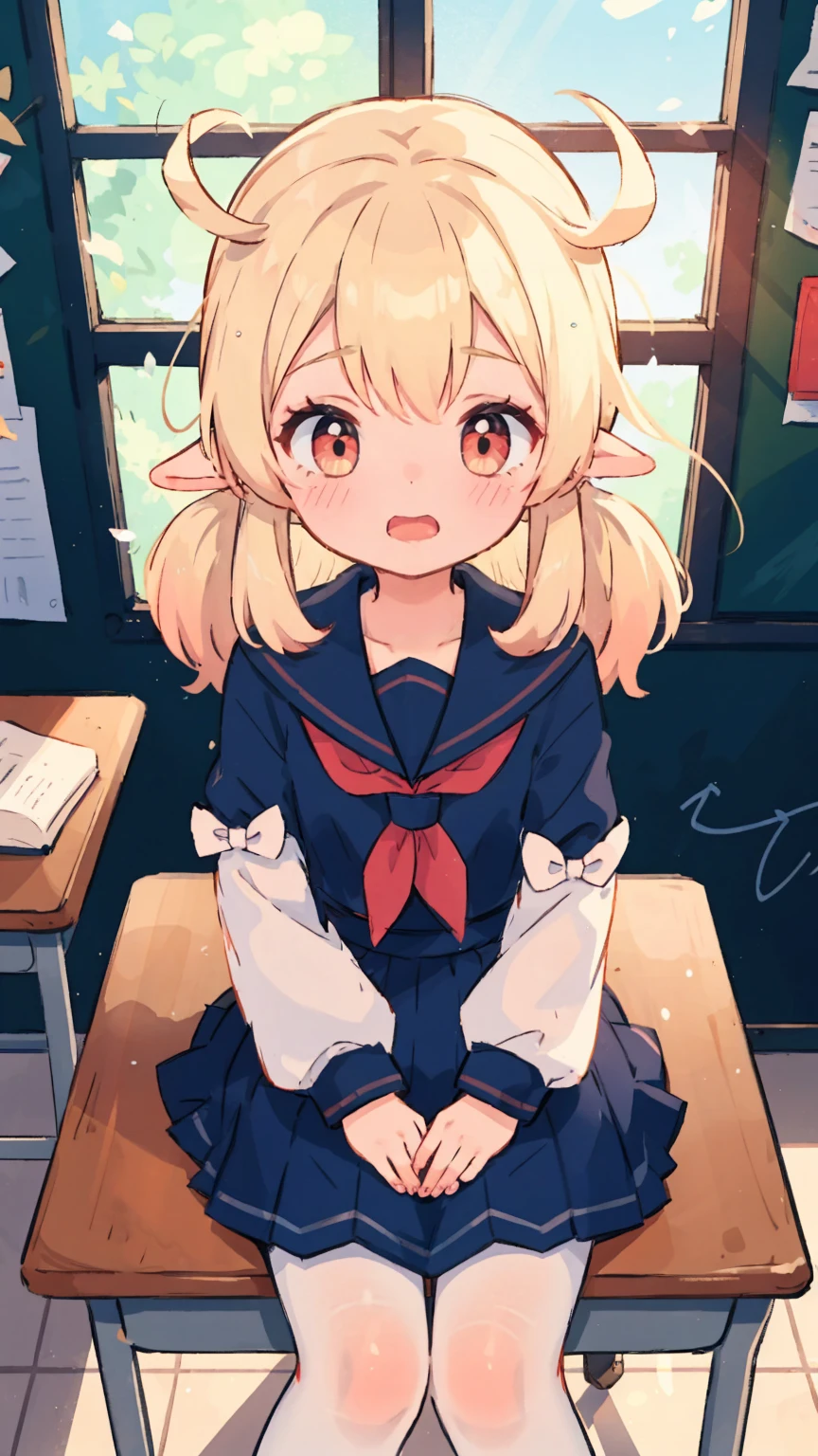 1girl, klee \(genshin impact\), cowboy shot, shy, blush, serafuku, sailor collar, pleated skirt, white pantyhose, classroom, window, backlighting, sitting on school desk, depth of field, from above, finger to mouth