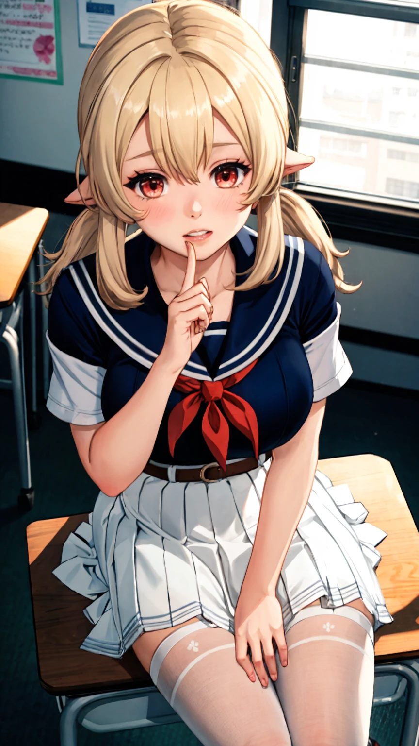 1girl, klee \(genshin impact\), cowboy shot, shy, blush, serafuku, sailor collar, pleated skirt, white pantyhose, classroom, window, backlighting, sitting on school desk, depth of field, from above, finger to mouth