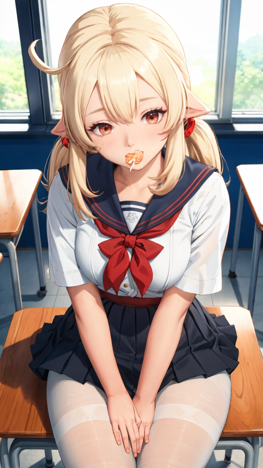 1girl, klee \(genshin impact\), cowboy shot, shy, blush, serafuku, sailor collar, pleated skirt, white pantyhose, classroom, window, backlighting, sitting on school desk, depth of field, from above, finger to mouth