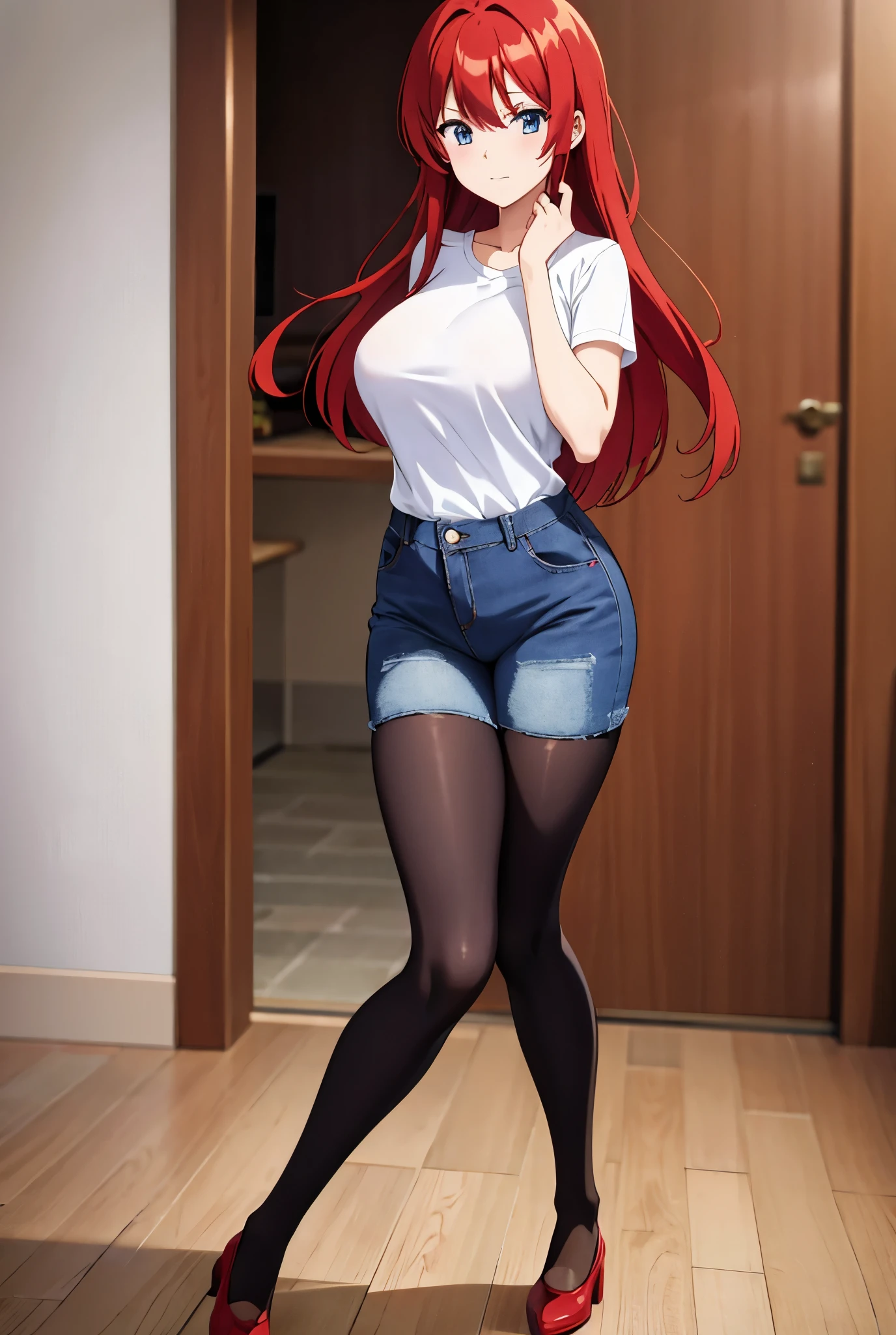 red hair anime girl, thicc tights denim shorts
