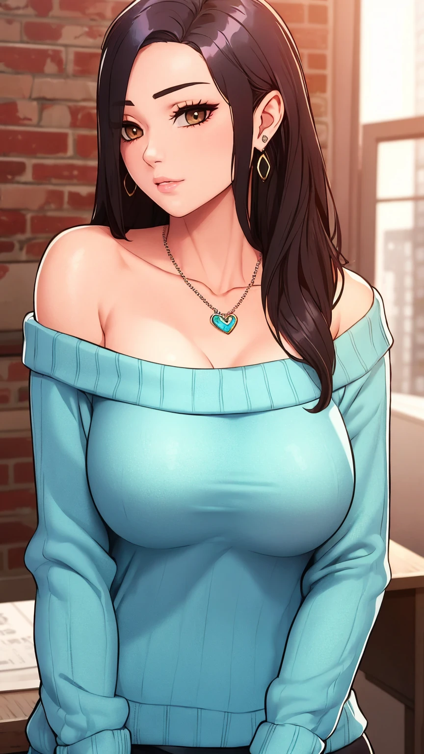 1girl,solo,long hair,looking at viewer,brown hair,shirt,brown eyes,jewelry,closed mouth,upper body,heart,earrings,necklace,off shoulder,sweater,lips,realistic,brick wall