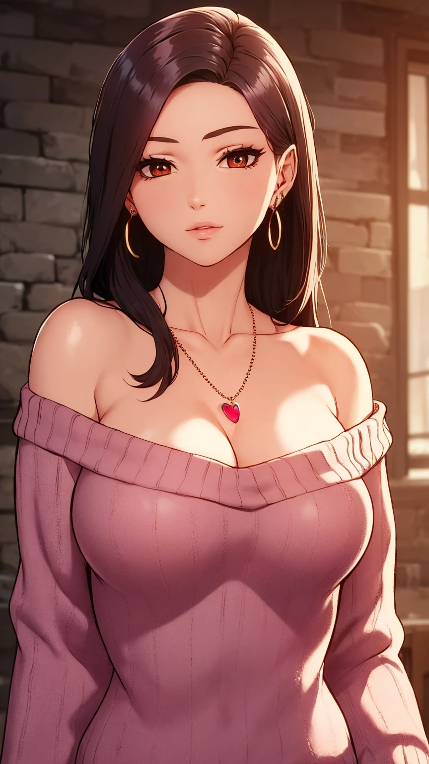 1girl,solo,long hair,looking at viewer,brown hair,shirt,brown eyes,jewelry,closed mouth,upper body,heart,earrings,necklace,off shoulder,sweater,lips,realistic,brick wall