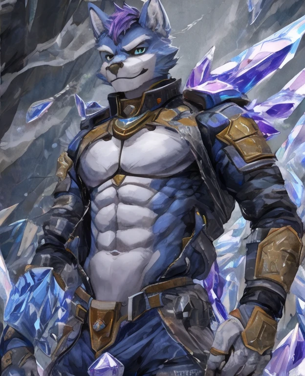 Weregarurumon with a big knot. Sheath, cock, black knot, balls, animal genitalia, realistic, hyperrealistic, anatomically correct, dominant look, ice, Digimon, Dark Violet