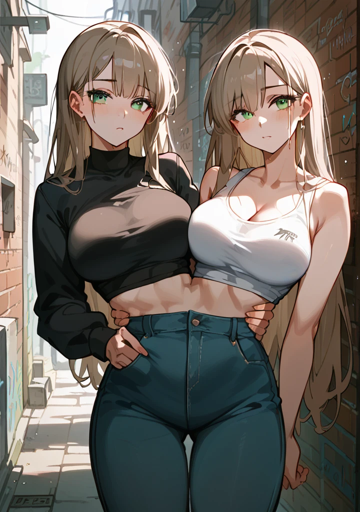 Alley, night, wall graffiti art, Absurd, Perfect Anatomy, performance, Good lighting, midriff, Shadows in the movies, large breasts, large butt, thin waist, Long HAIR, light brown HAIR, light green eyes, original HAIR style, Dynamic Angle, (two torsos:1.3), 2girls, holding waist,