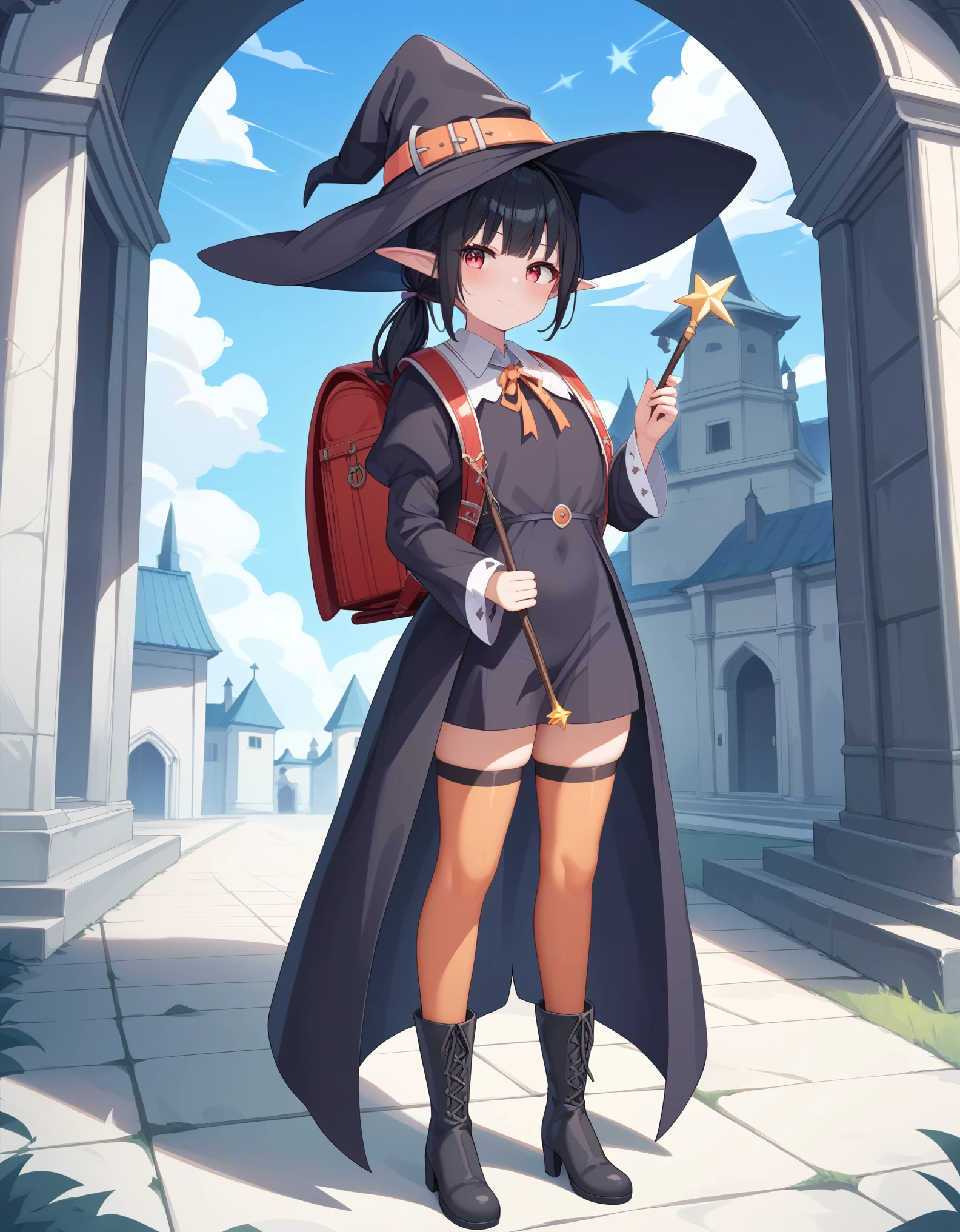 Masterpiece, hd, anime, 2d,  black hair, elf girl, pointed ears, wearing witch hat, 18 y.o, 1girl wearing a witch Costume,  neck ribbon, witch robes, holding witch wand, outdoor, ponytail, standing, outdoor, wearing randoseru backpack, red backpack, holding magic wands, fullbody, witch boots, wearing thighhighs 