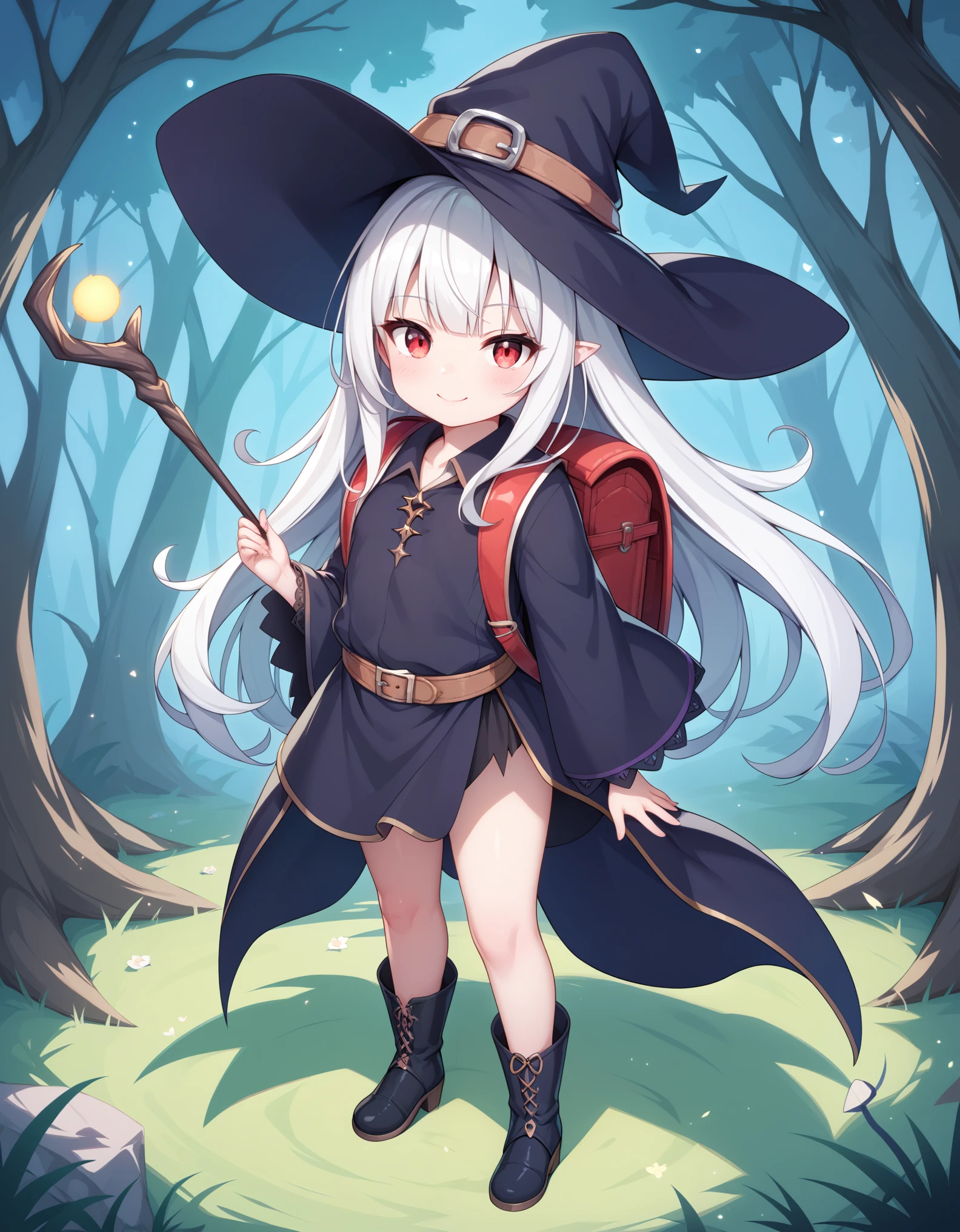 Masterpiece, hd, 2d, top-quality, full body, witch's hat, Belt to hat, white hair, long hair, Smooth straight hair, , smile, red eyes, a closed mouth, witch's robe, Witch's Wand, outdoor, Petite,  child, Witch's Boots, looking at viewer, contrasted, wearing randoseru backpack, (backpack:1.2)