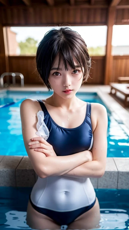 one girl, (a beauty girl, delicate girl:1.3), (:1.3),((Wet school swimsuit)) (Navy blue school swimsuit:1.3),((Cute pose)) ,Very detailed clarity, (Symmetrical eyes:1.3), (School swimming pool, indoor:1.3), ((Nipples become erect))、(Small breasts), ((Eyes))、Brown eyes, ((Pixie Cut)), Brown Hair, girl,, (Eye and facial details:1.0),, (masterpiece, Please redeem, Very detailed, Detailed face, 8k)