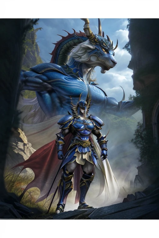 A powerful dragon warrior with chiseled muscles, full-body shot, standing in front of an enormous and majestic dragon, cinematic scene, epic realism, 8K resolution, highly intricate details, dreamy and surreal fantasy world, anatomically correct, white warrior, masterpiece, super detailed