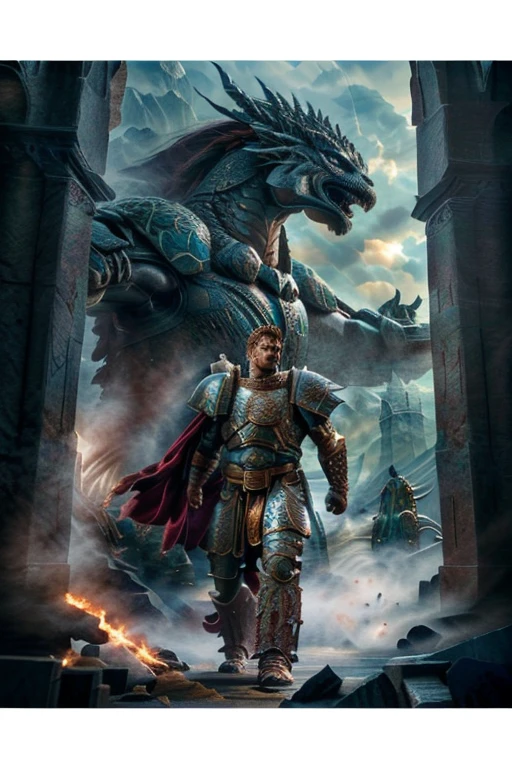 A powerful dragon warrior with chiseled muscles, full-body shot, standing in front of an enormous and majestic dragon, cinematic scene, epic realism, 8K resolution, highly intricate details, dreamy and surreal fantasy world, anatomically correct, white warrior, masterpiece, super detailed