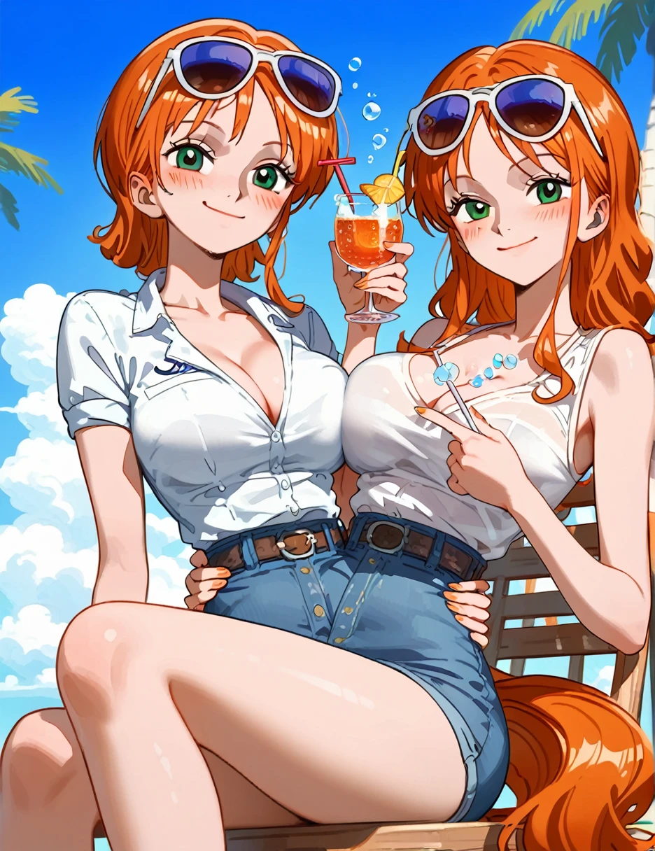 (from below:0.3), score_9_up,score_8_up, nami, green eyes, orange hair, pony tail, ((blush)), closed mouth, smile, big breast, pose, ((sitting )), (thin girl:1.2), (bubbles), ((entertainment park)), sunglasses, (glass with a straw), (two torsos:1.3), 2girls, holding waist,