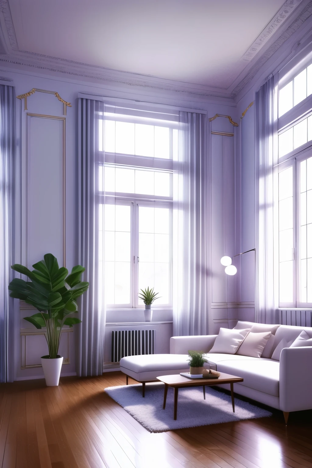 a dreamy white aesthethic apartment, interior design, cozy living room, large windows, natural lighting, lush indoor plants, minimalist decor, metallic furniture, plush soft textures, cool color palette, soothing atmosphere, elegant and serene, (best quality,4k,8k,highres,masterpiece:1.2),ultra-detailed,(realistic,photorealistic,photo-realistic:1.37),interior design, home decor, misty, foggy