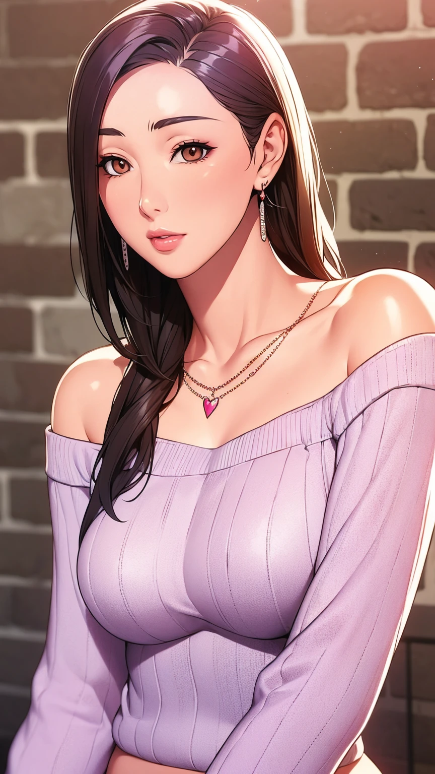 1girl,solo,long hair,looking at viewer,brown hair,shirt,brown eyes,jewelry,closed mouth,upper body,heart,earrings,necklace,off shoulder,sweater,lips,realistic,brick wall