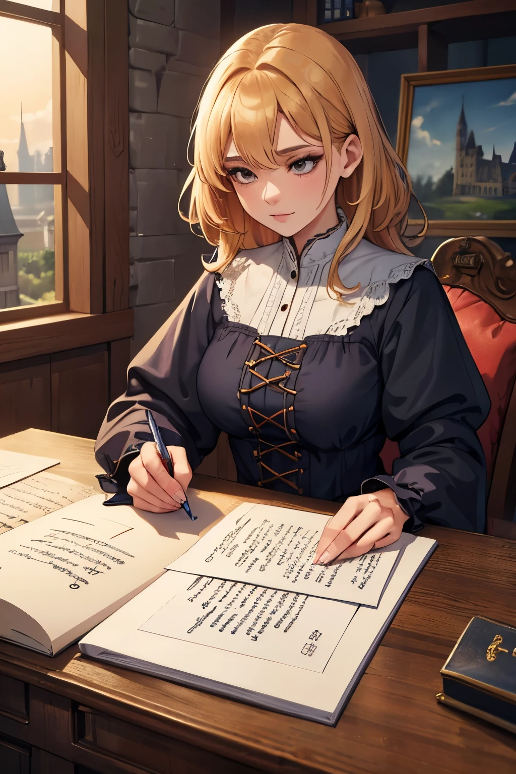 Anime girl sitting at a desk with a book and pen - SeaArt AI