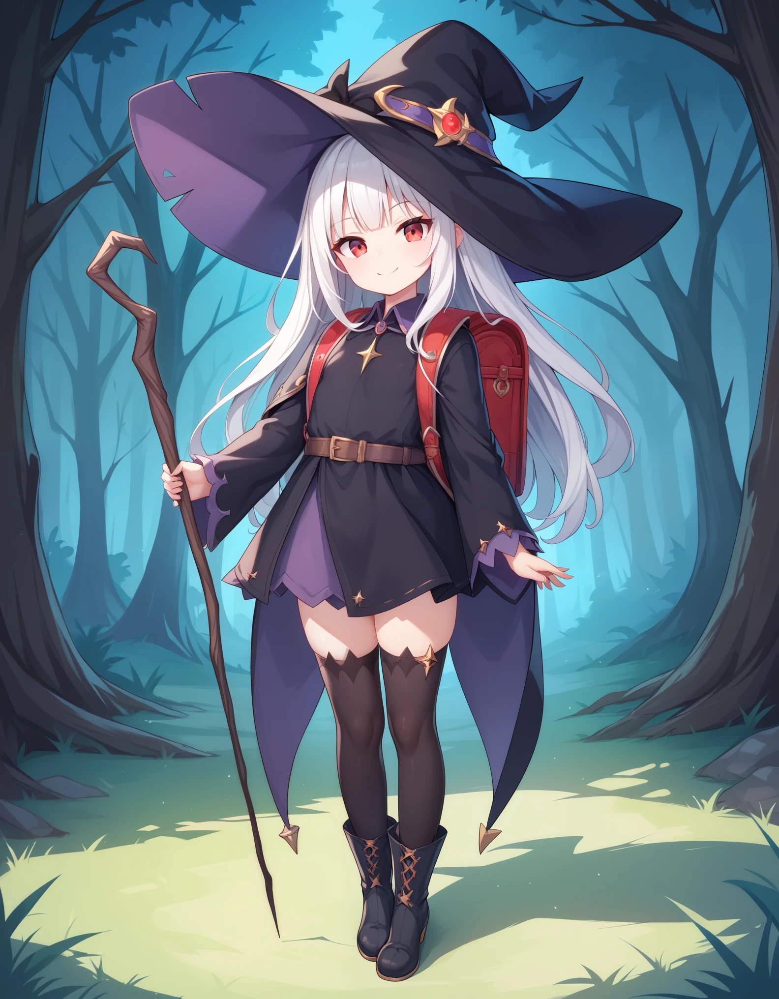 Masterpiece, hd, 2d, top-quality, full body, witch's hat, Belt to hat, white hair, long hair, Smooth straight hair, , smile, red eyes, a closed mouth, witch's robe, Witch's Wand, outdoor, Petite,  child, Witch's Boots, looking at viewer, contrasted, wearing randoseru backpack, (backpack:1.2), wearing thighhighs 