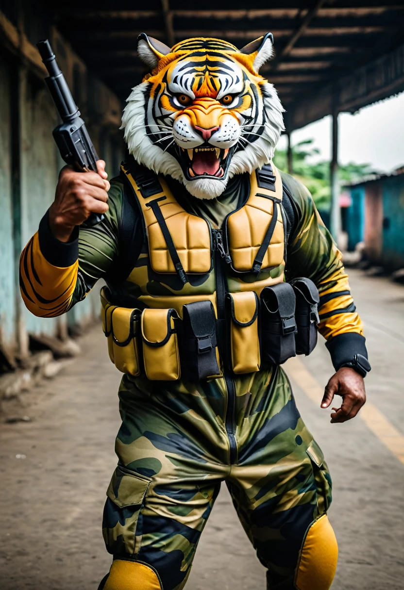 (a dark-skinned fat muscular old man in a bulky camouflage zipper diver suit) carrying a gun and (wearing realistic roaring siberian tiger mask), thumbs up, muscular, Basuki Abdullah, sumatraism, action, a character portrait, heroic, fierce, snarling