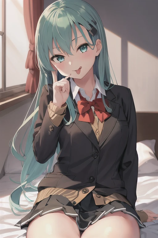 Suzuya_Kantai Collection, length_hair, hair_ornament, Aqua_hair, hairclip, , chest, smile, Aqua_eye, green_eye, hair_between_eye, big_chest, green_hair, blazer, bow, bowtie, (brown_jacket), cardigan, jacket, Watching_in_Viewers, red_bow, School_Uniform, red_bowtie, One girl, Alone, (Bust up shot:1.2), (Face Focus), Sitting, Break from above
(happy), Embarrassed Laugh, (),  (Tongue out:1.3), (Wink, 片eyeを閉じた)
BREAK official art, Best Masterpiece, Best Quality, Highest resolution, 8k, Most detailed, Highly detailed hands, Very dexterous fingers, Highly detailed mouth break
(indoor, bedroom), Dust, Dust, Particles of light, Extremely finely detailed 16K CG wallpaper