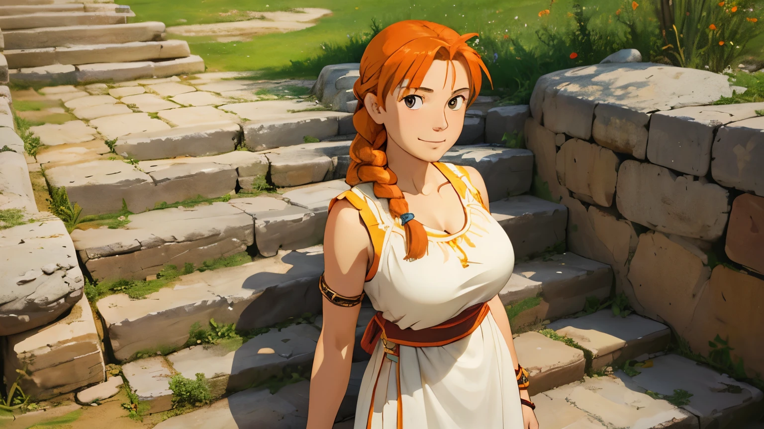 , upper body,FlammeFrieren, long hair, braid, (big breasts:1.3), greek clothes, sleeveless dress, armlet, bracelet, sandals, braid, orange hair, single braid, braided ponytail, bust shot, looking at viewer, (smile:0.7)