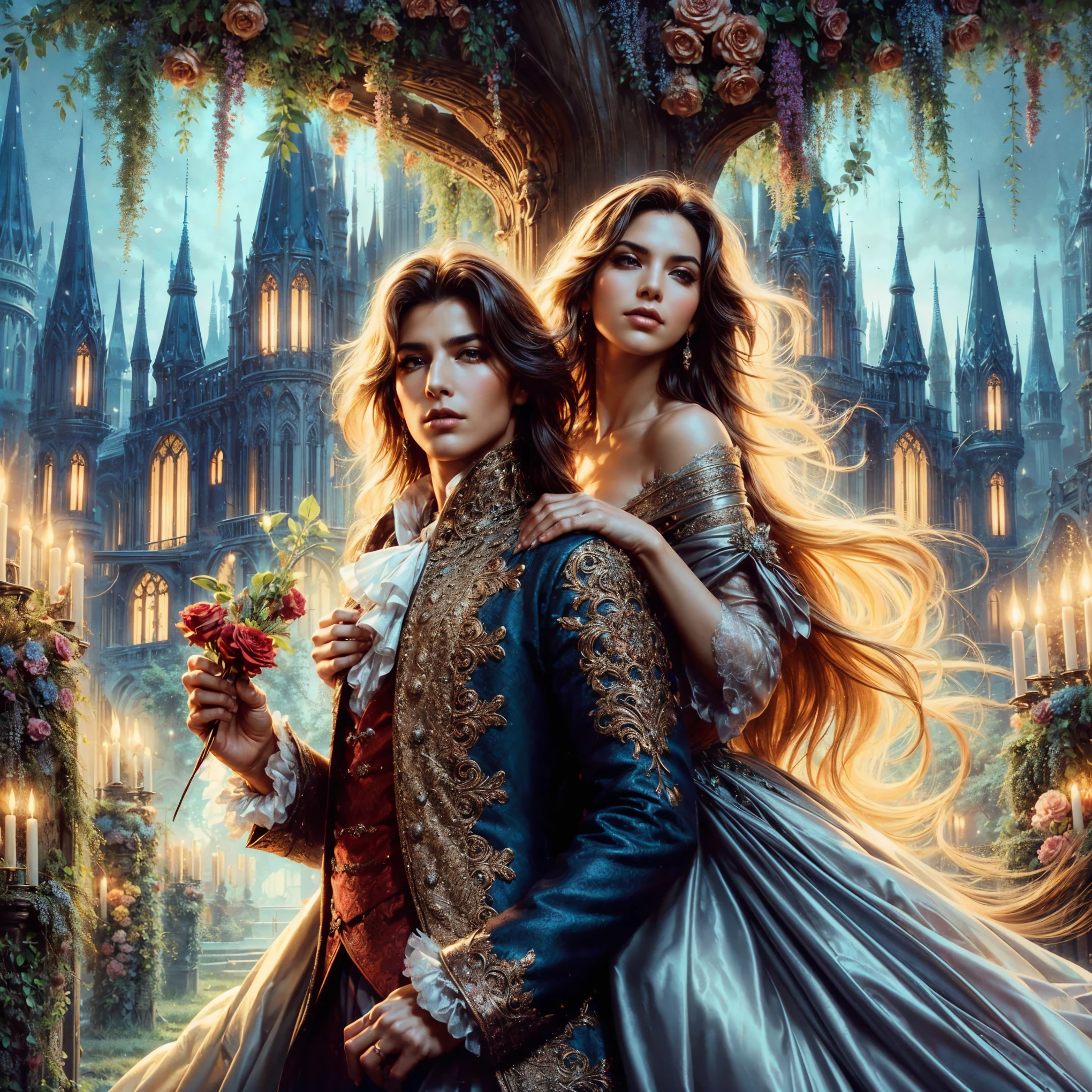 magicalfantasyworld,bookcover illustration,muscular longhair handsomearistocrat luxuriousfrockcoat passionate touches wife,glossinglsilk gown,background palace bloominggarden,love,passionate,brightcolors,magic,shine,waist-high,maximumtexture,highdetail,perfect naturalproportions,contrasting brightcolors,dynamicpose,highquality,sharpfocus,detailed facialfeatures,backlighting,volumetriclighting,hyperrealistic photography,depthoffield,unreal,canoneosr3,50mm,32k --niji 5