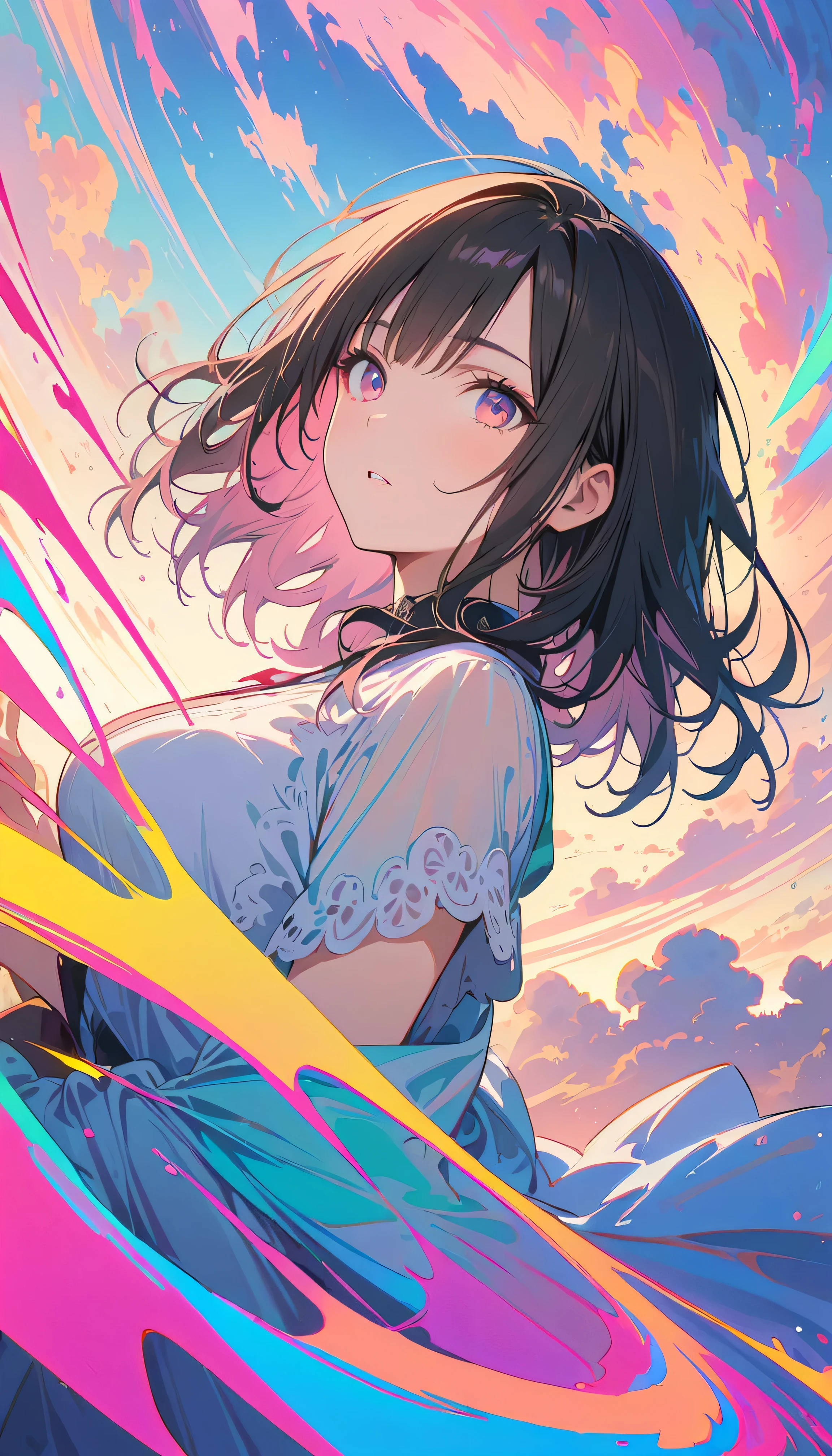 Best Quality, Very detailed, High resolution, Vibrant, masterpiece, Best Quality, Best aesthetics, One Woman, Super Fine, 8k, Very detailed, Beautiful Goddess, Pastel colored clouds, Pop Art, Delicate and dynamic, Pastel Color Fantasy, Black Hair, official art, Dynamic Angle