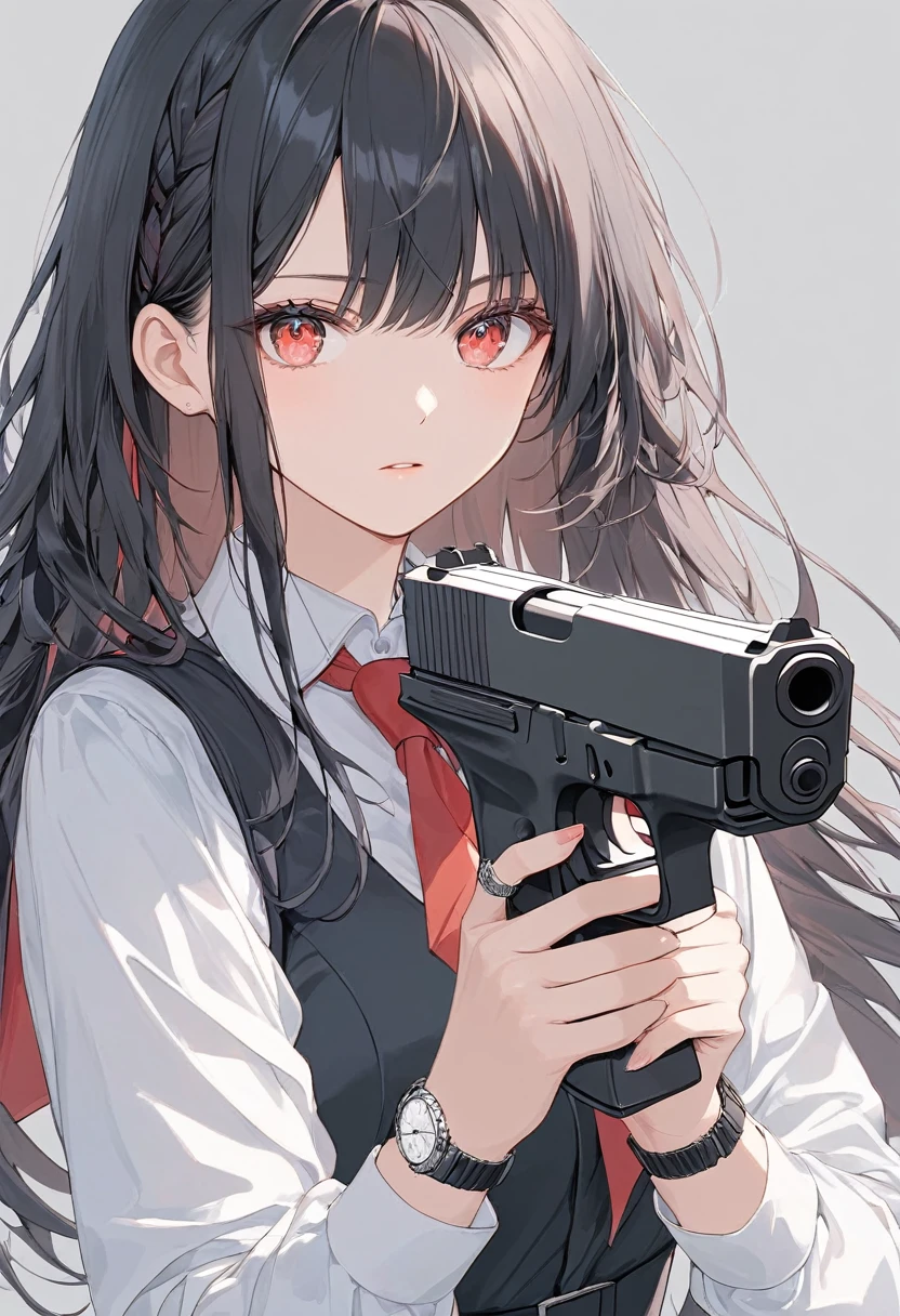 Masterpiece, top quality, lens flare, depth of field, (close-up: 1.3), (wide shot, fisheye: 0.85), face focus, 1 girl, covering with blood, blood, detailed face splattered with blood, detailed lips with blood stains, squatting, medium bob, hairpin, torn sailor suit, red ribbon, torn pleated skirt, white panties, (holding a weapon, Holding a rifle, aiming, aiming: 1.2), gun, H&K HK416, carbine, open fire, firing, mafia office, broken desk, broken sofa, broken computer, bloody floor, dead mafia, rough office,
