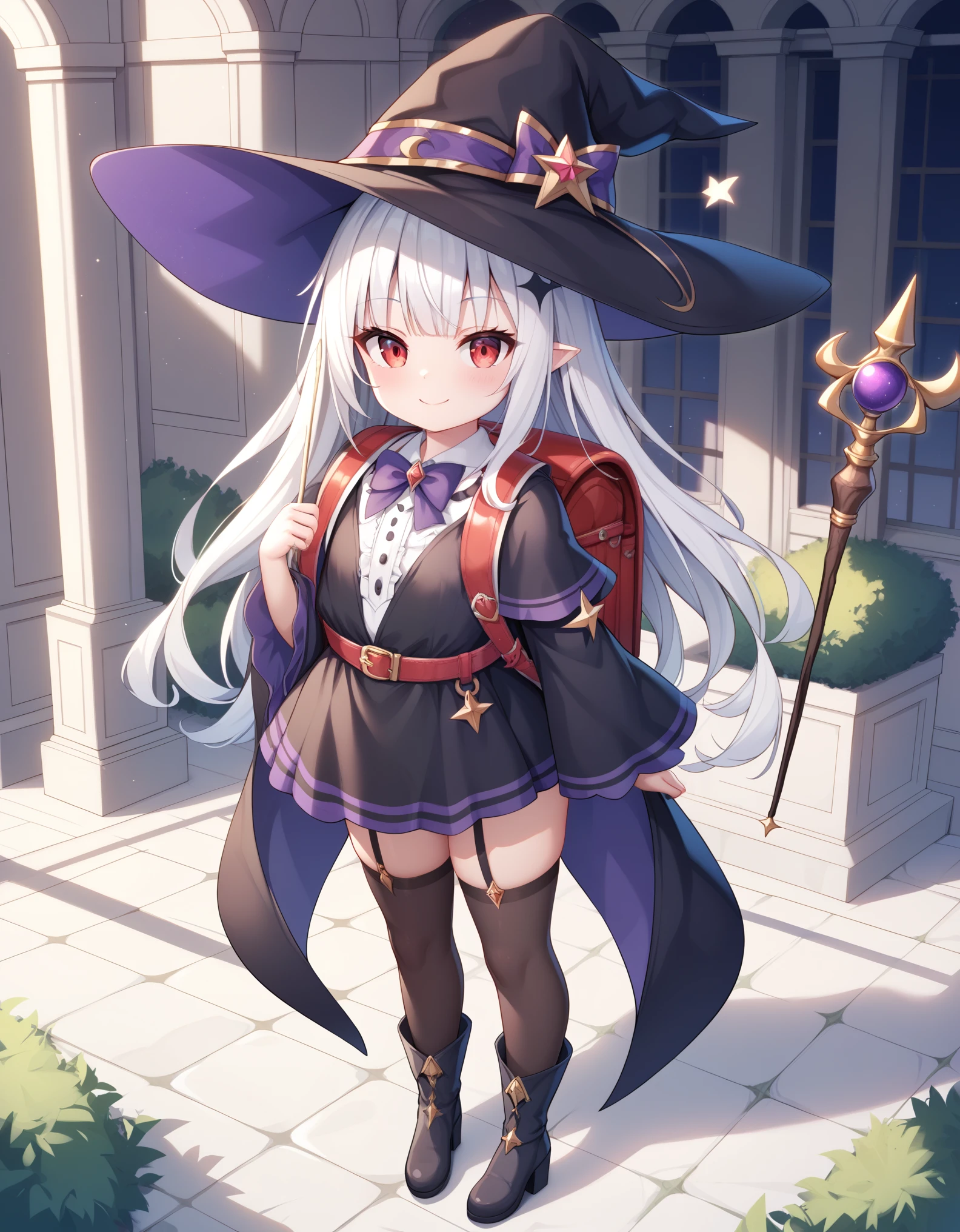 Masterpiece, hd, 2d, top-quality, full body, witch's hat, Belt to hat, white hair, long hair, Smooth straight hair,  smile, red eyes, a closed mouth, witch's robe, bowtie, Witch's Wand, outdoor, Petite,  child, Witch's Boots, looking at viewer, contrasted, wearing randoseru backpack, (backpack:1.2), wearing thighhighs 