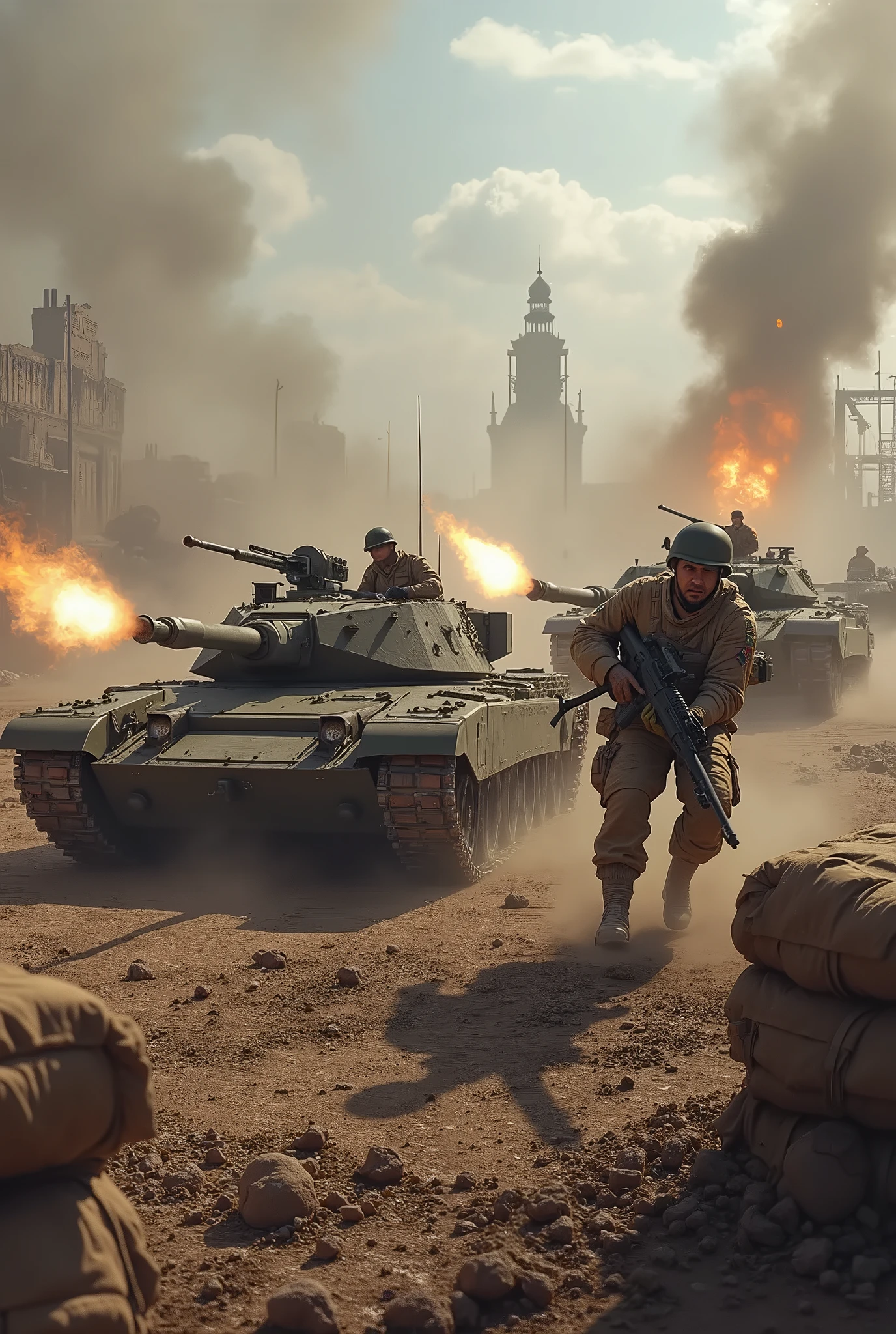 soldiers are walking in front of a military vehicle with a large tank, steampunk concept art, nekro iii, road warrior, inspired by Mirabello Cavalori, skaven, promotional render, panoramic anamorphic, symmetrical dieselpunk warrior, giant guns --auto --s2