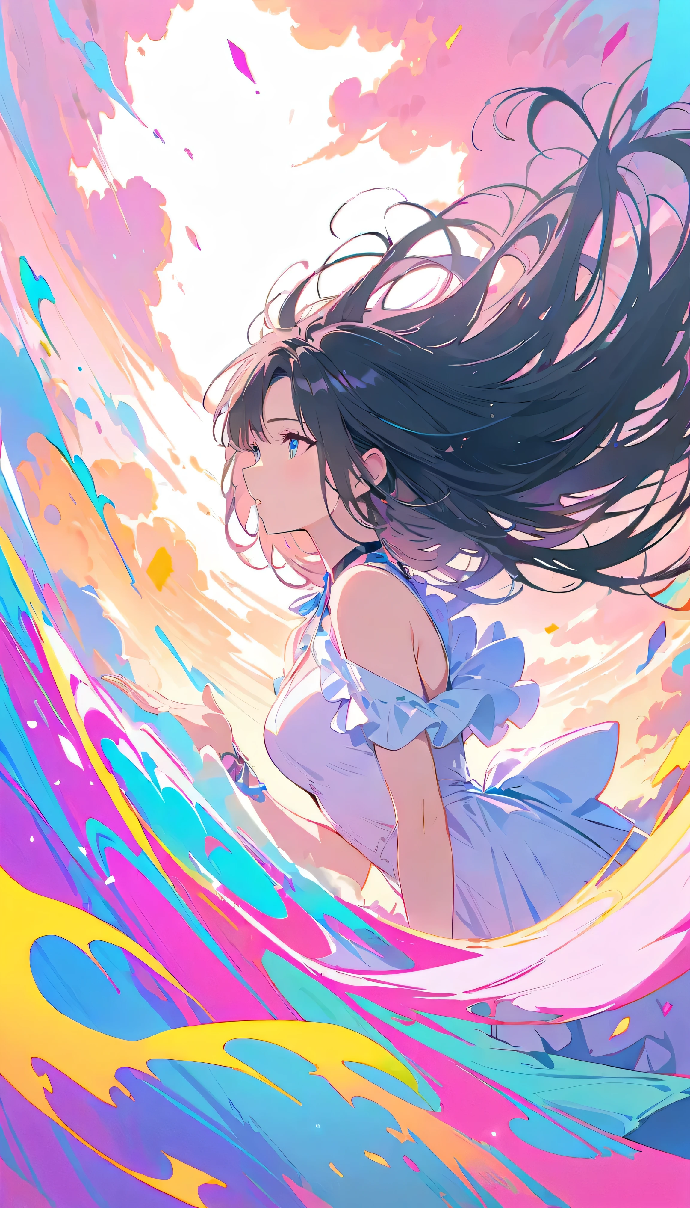 Best Quality, Very detailed, High resolution, Vibrant, masterpiece, Best Quality, Best aesthetics, One Woman, Super Fine, 8k, Very detailed, Beautiful Goddess, Pastel colored clouds, Pop Art, Delicate and dynamic, Pastel Color Fantasy, Black Hair, official art, Dynamic Angle