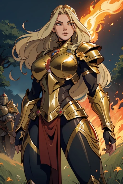 (1girl), wearing a heavy knight armor, dark armor, intricate red and gold armor details, intricate beautiful green fields, legendary, futuristic, saint seiya, long goldblonde hair, muscular, power pose, highly detailed background, fire in the eyes, aura power, highly detailed