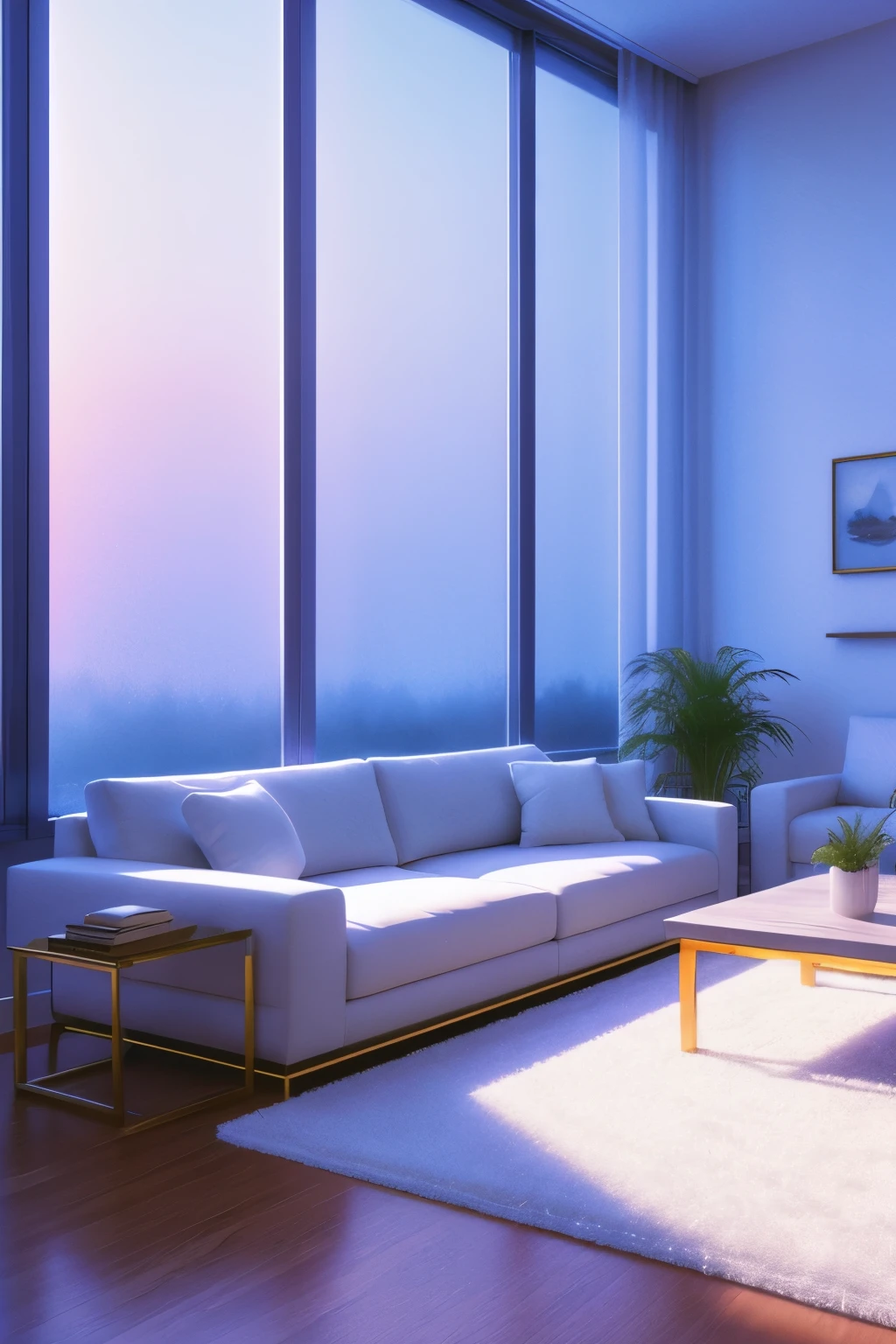 a dreamy white aesthethic apartment, interior design, cozy living room, large windows, natural lighting, lush indoor plants, metallic furniture, plush soft textures, cool color palette, soothing atmosphere, elegant and serene, (best quality,4k,8k,highres,masterpiece:1.2),ultra-detailed,(realistic,photorealistic,photo-realistic:1.37),interior design, home decor, misty, foggy, blue hour