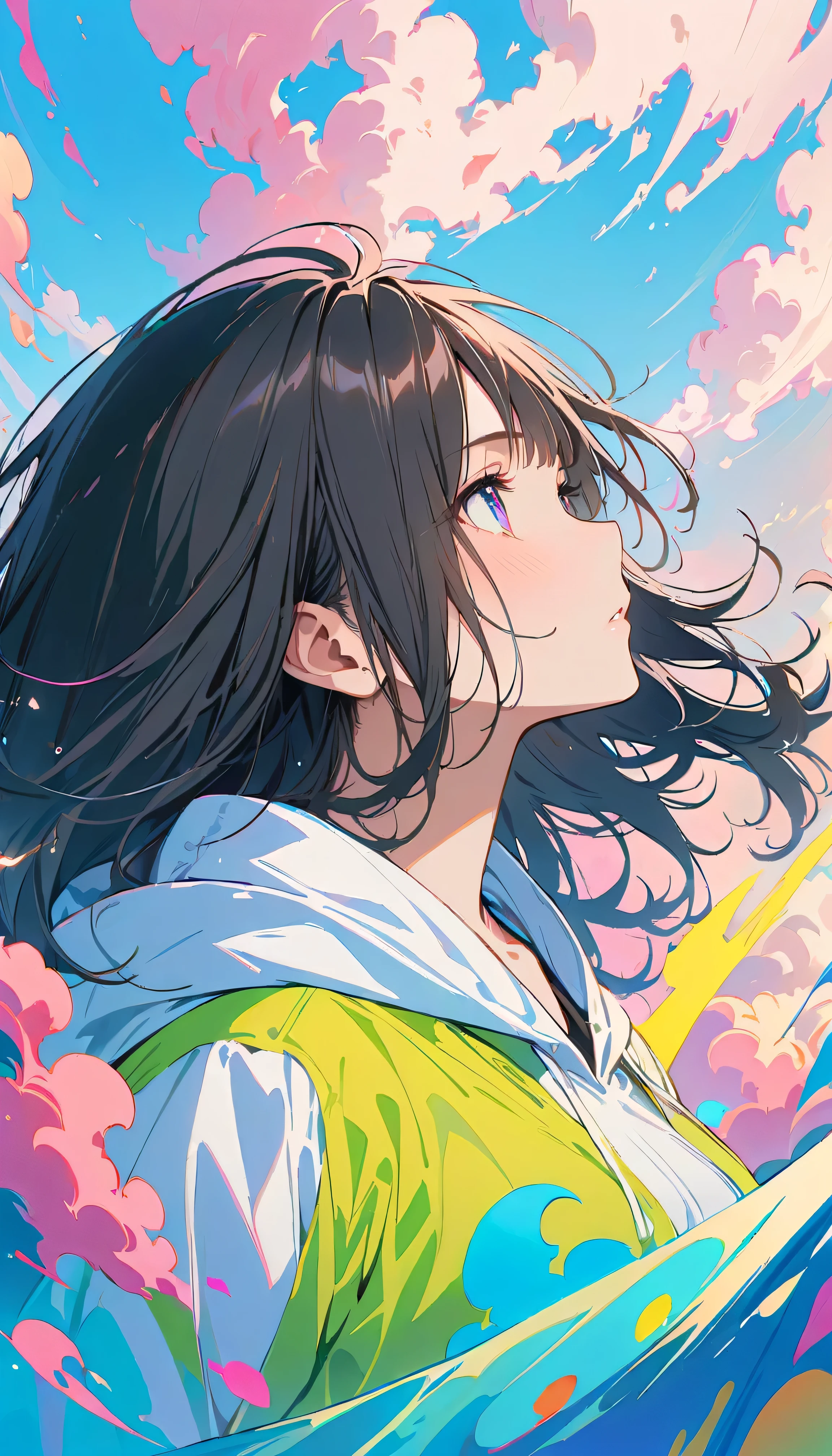 Best Quality, Very detailed, High resolution, Vibrant, masterpiece, Best Quality, Best aesthetics, One Woman, Super Fine, 8k, Very detailed, Beautiful Goddess, Pastel colored clouds, Pop Art, Delicate and dynamic, Pastel Color Fantasy, Black Hair, official art, Dynamic Angle