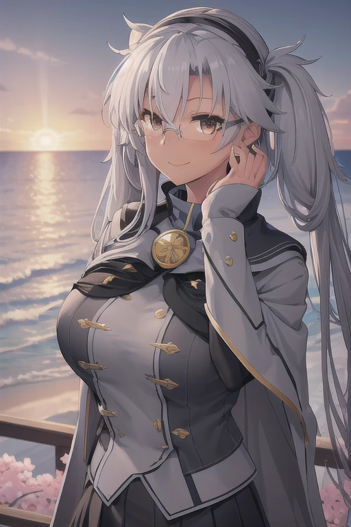 ((masterpiece)),(Best Quality),Official Art,Extremely detailed CG,Unity 8K Wallpapers,Super detailed,Lighthouse on a cliff by the sea,One girl,Alone,Upper Body,(Portrait:1.2),gray_jacket,gray-framed_Glasses,button,dark_skin,Sunburn,Glasses,Twin tails,recSunburngular_Glasses,Watching_in_Viewers,black_thighhighs,hair_between_eye,Rimless_Glasses,very_length_hair,big_chest,brown_eye,gray_skirt,pleined_skirt,headgear,length_sleeves,gray_nail,,gray_hair,Throat,smile,black_skirt,miniskirt,jewelry,color,Cape,Cherry blossom crest,大きなchest,Big Breasts