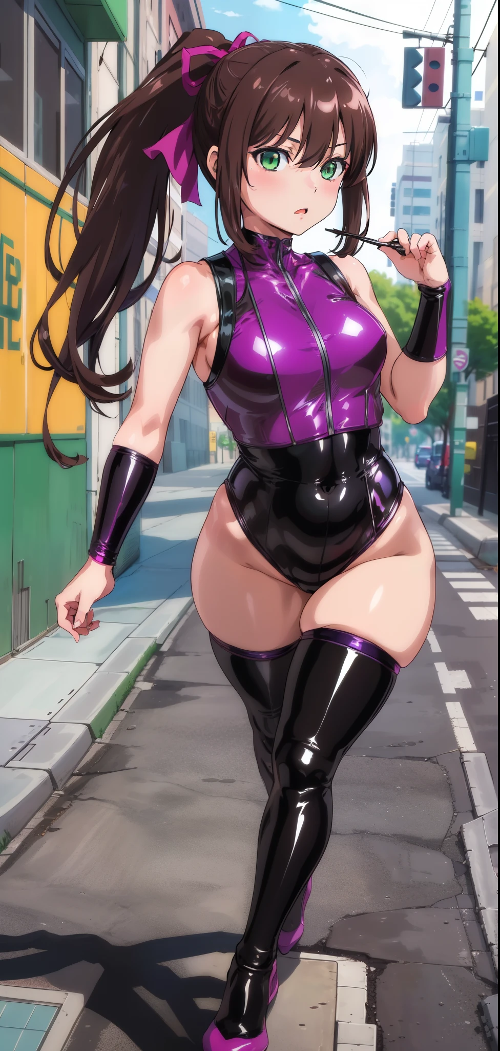 masterpiece, best quality,1girl,solo,kirasaka sayaka,brown hair,long hair,ponytail, hair ribbon, green eyes,,purple thighhighs,(latex bodysuit, street),( sleeveless )