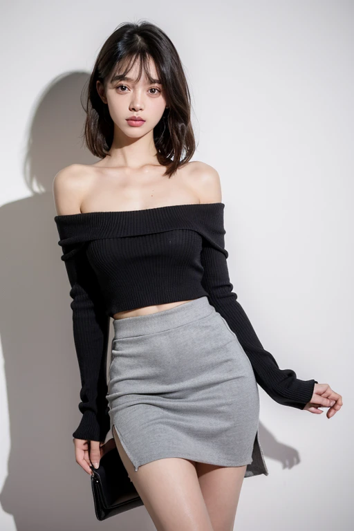 (8k), (highest quality: 1.2), (Realistic), (Realistic: 1.37), Ultra-high resolution, 1 girl, cute, Embarrassed expression,smile, (Blushing:1.4),Mouth closed, Beautiful details, Beautiful Nose, whole body, smooth black hair, Giant Dulcefo, pork, Thighs,Leather mini skirt,(There is a slit in the skirt:1.2),Leather platform boots,Dark green turtleneck knit,(No sleeve:1.2),cute like an idol,Sculpture Pose,(濡れて光るThighsにクローズアップ),belly button