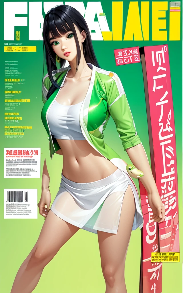 offcial art, colorful, Colorful background, splash of color,movie perspective, (advertising style, magazine cover:1.3)Best quality,masterpiece,ultra high res,Modern, Chinese, Song rhyme, Orientalpretty
cowboy shot
1girlblack hairbangsbare shoulders(White and green background:1.3)green eyessimple background sneakerssocksWhite and green dressopen jackethair bunpuffy long sleeves(crop top:1.3)pants
(full body:1.1),  (Snake:1.2)