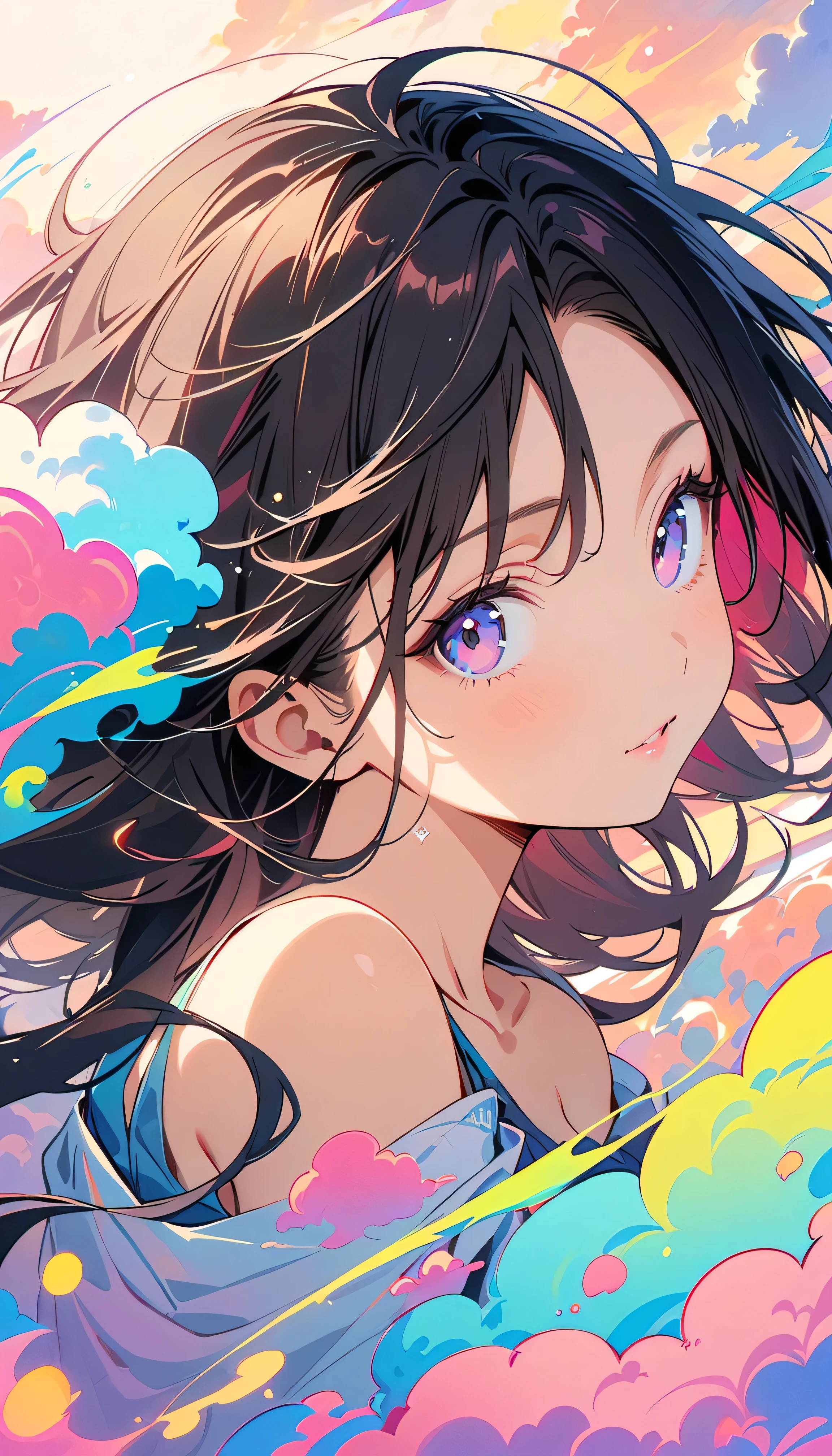 Best Quality, Very detailed, High resolution, Vibrant, masterpiece, Best Quality, Best aesthetics, One Woman, Super Fine, 8k, Very detailed, Beautiful Goddess, Pastel colored clouds, Pop Art, Delicate and dynamic, Pastel Color Fantasy, Black Hair, official art, Dynamic Angle, young