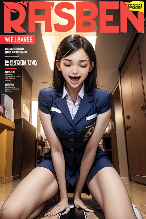 (((magazine's cover))), (large title), (many heading), (white border), clerk uniform, name plate, hold ID card from neck, having tablet, (whole body), straddling to hit her crotch on counter edge, open legs, raise leg, open mouth, closed eyes, masturbation,  ecstasy face, in the mall, customers, ceiling, floor,