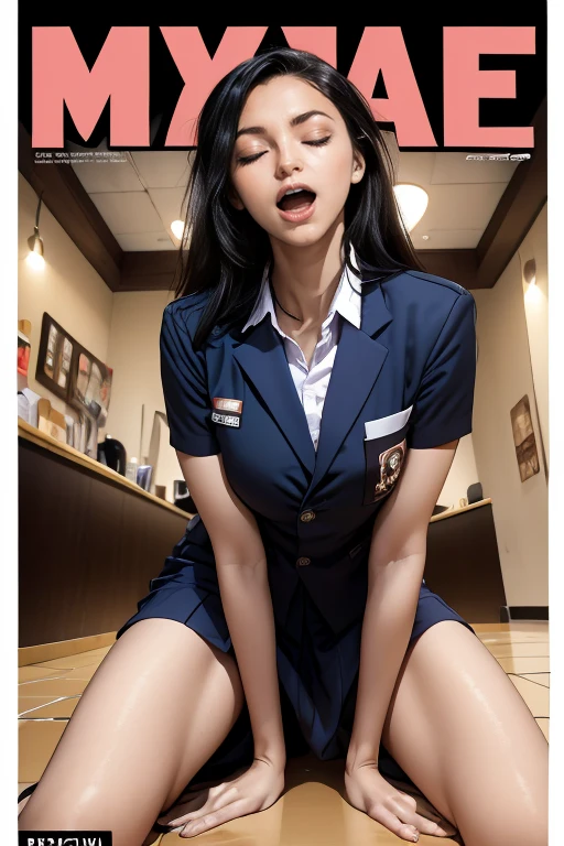 (((magazine's cover))), (large title), (many heading), (white border), clerk uniform, name plate, hold ID card from neck, having tablet, (whole body), straddling to hit her crotch on counter edge, open legs, raise leg, open mouth, closed eyes, masturbation,  ecstasy face, in the mall, customers, ceiling, floor,