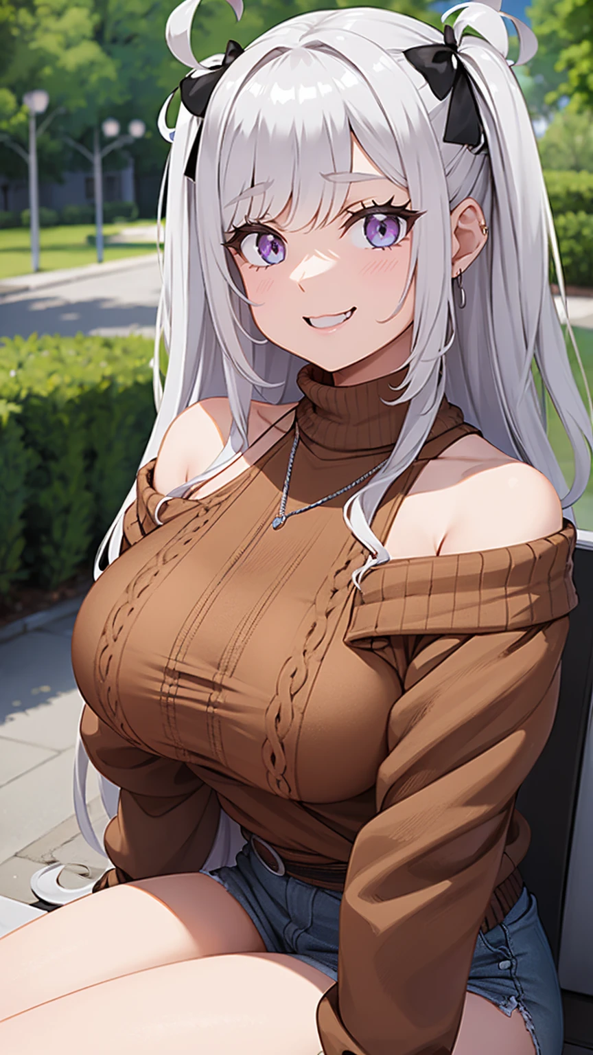 a girl with a brown sweater, in a park near a snack bar, silver hair, purple eyes, smiling.
