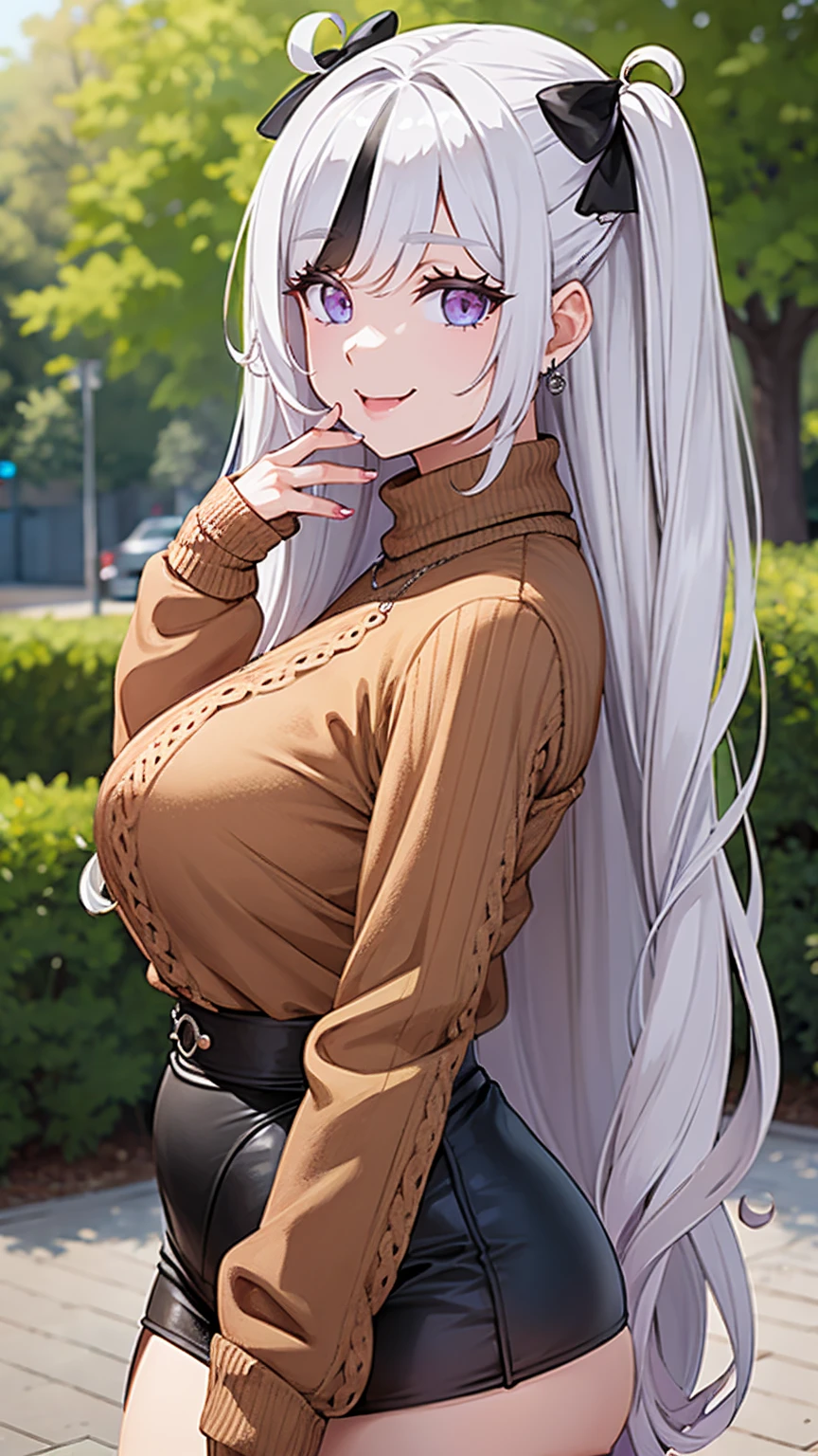 a girl with a brown sweater, in a park near a snack bar, silver hair, purple eyes, smiling.
