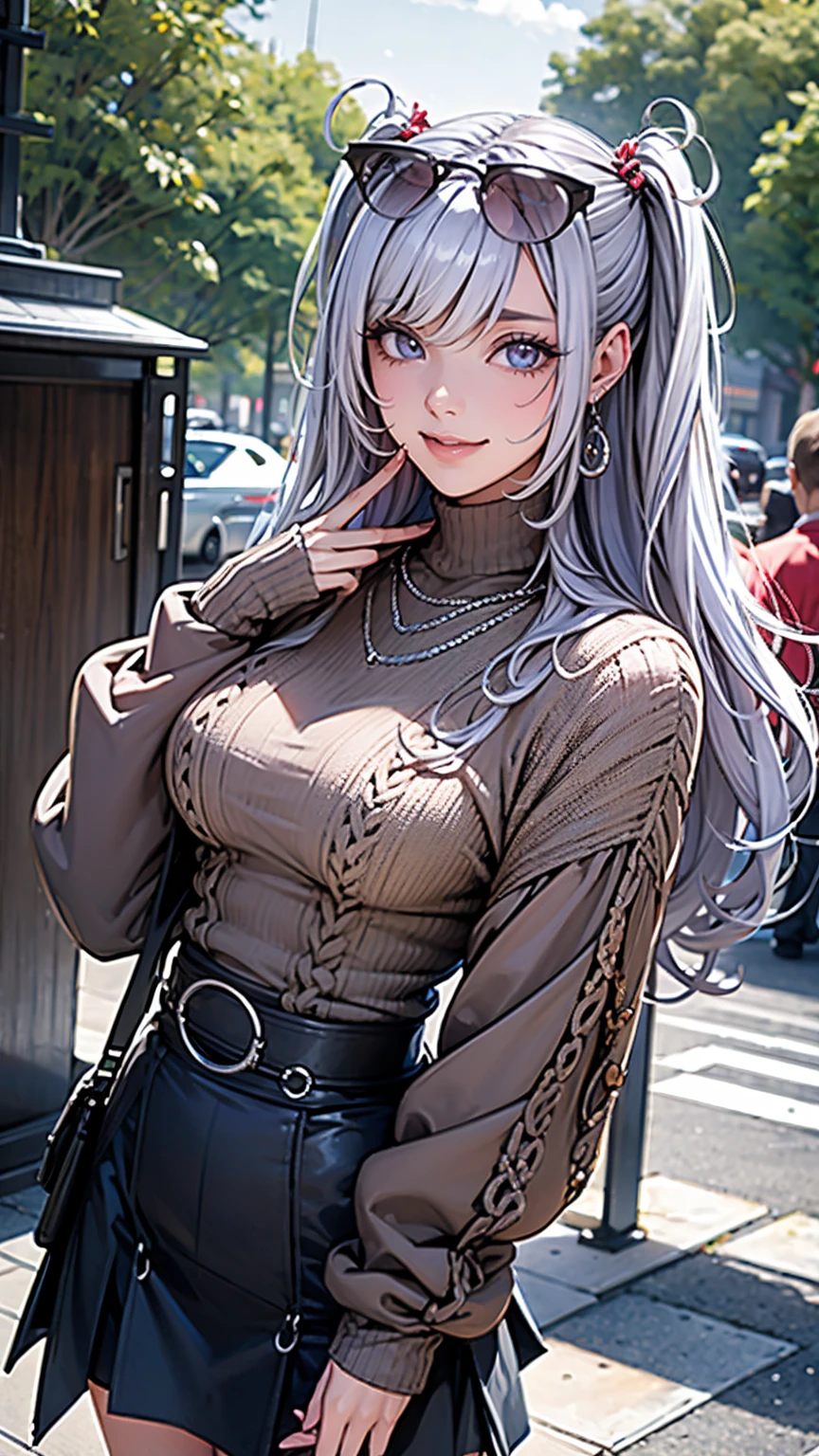 a girl with a brown sweater, in a park near a snack bar, silver hair, purple eyes, smiling.
