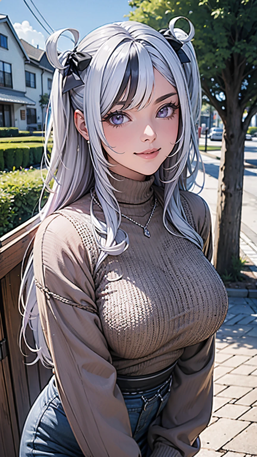 a girl with a brown sweater, in a park near a snack bar, silver hair, purple eyes, smiling.
