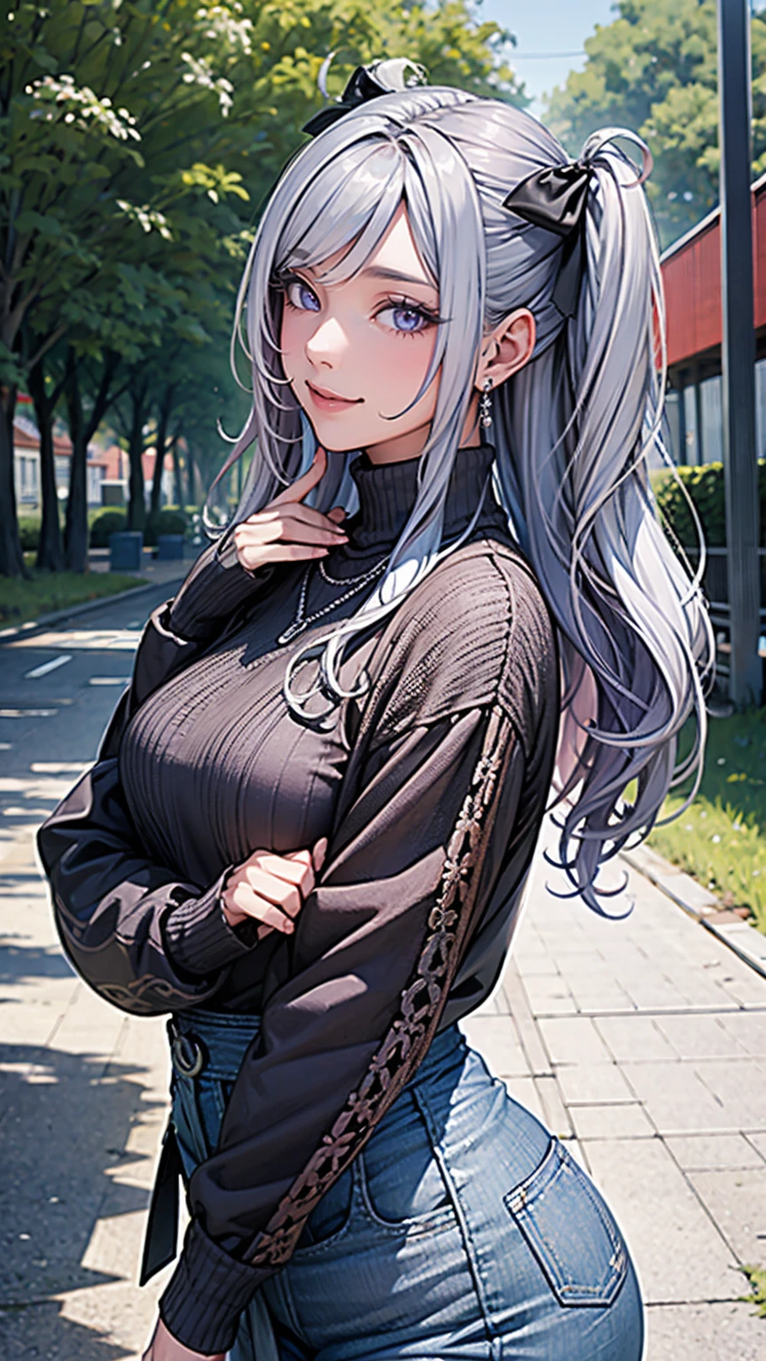 a girl with a brown sweater, in a park near a snack bar, silver hair, purple eyes, smiling.
