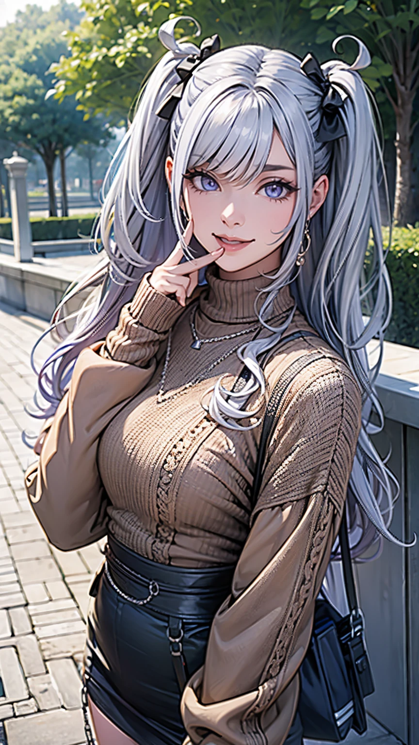 a girl with a brown sweater, in a park near a snack bar, silver hair, purple eyes, smiling.
