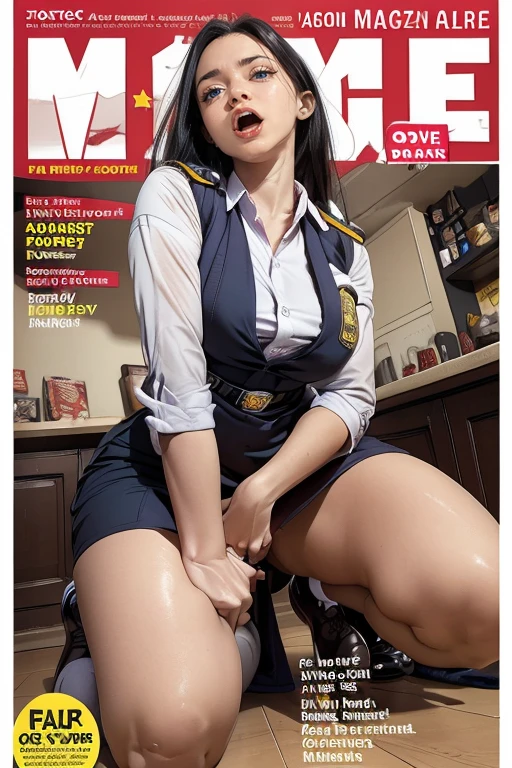 (((magazine's cover))), (large title), (many heading), (white border), Indonesia high School uniform, name plate, hold ID card from neck, having tablet, (whole body), straddling to hit her crotch on counter edge, open legs, raise leg, open mouth, closed eyes, masturbation,  ecstasy face, in the mall, customers, ceiling, floor,