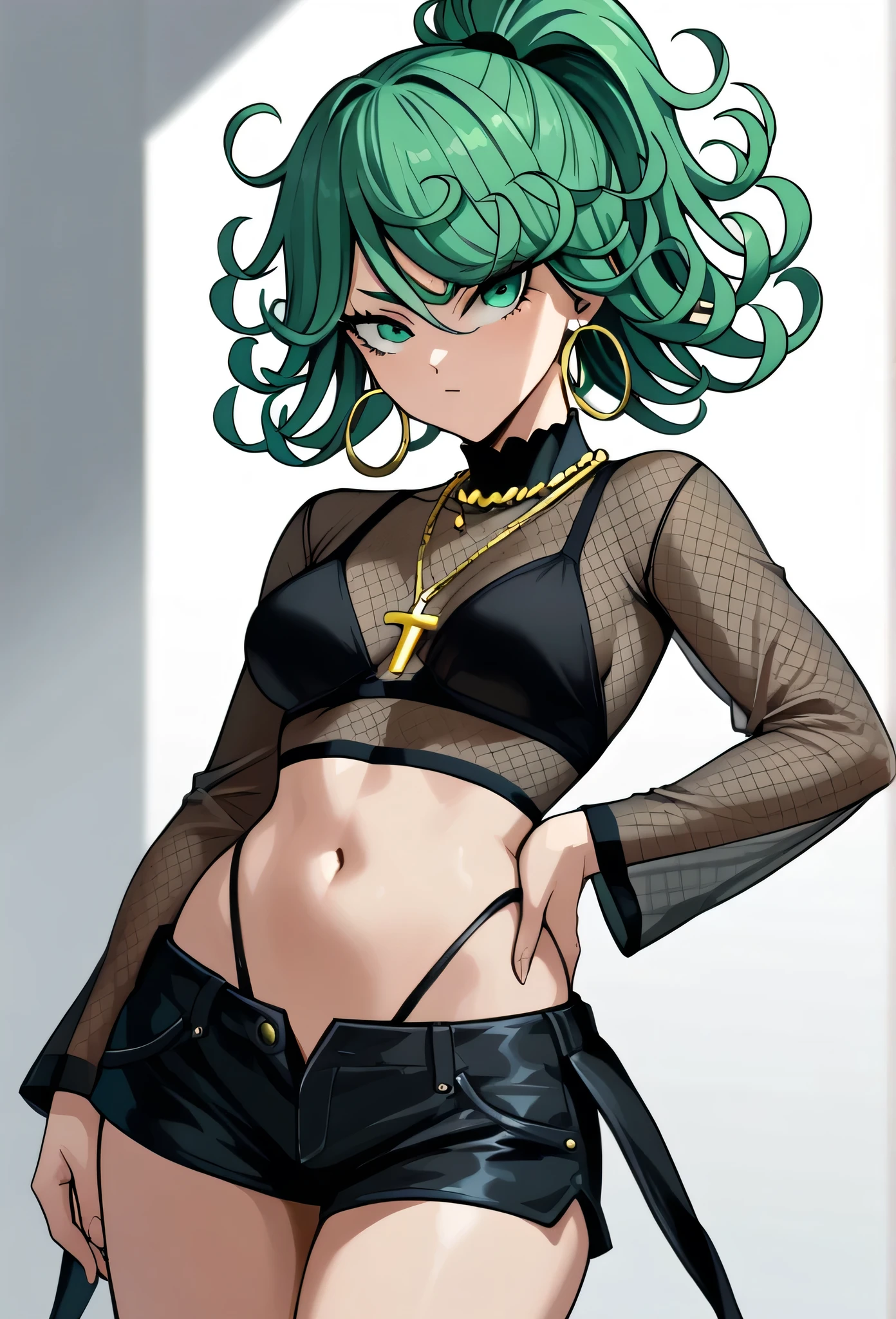 tatsumaki,green hair,curly hair,green eyes, long hair,medium breast , Ponytail, black bra, long sleeves, mesh crop top, shorts,black shorts,
highleg panties , earrings,hoop earrings,cross necklace,jewelry,poese.medium breasts
High Resolution, Masterpiece, High Quality, Bangs, Hair Over One Eye, 