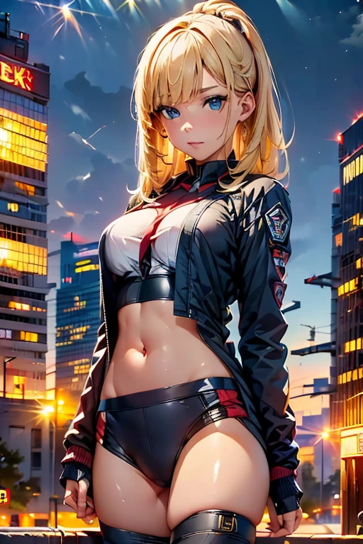 night、port、White tube top t-shirt、Showing underboob、Red leather long coat、Red drawstring sweatpants、embroidery、Bakusozoku、Yankee、Belly button、Showing underboob、Blonde、Black hairline、Wide forehead、short hair with twin tails、Get angry、lightning、dragon、bike、illumination、Showing underboob、See-through、cute、bright、Pink Panties