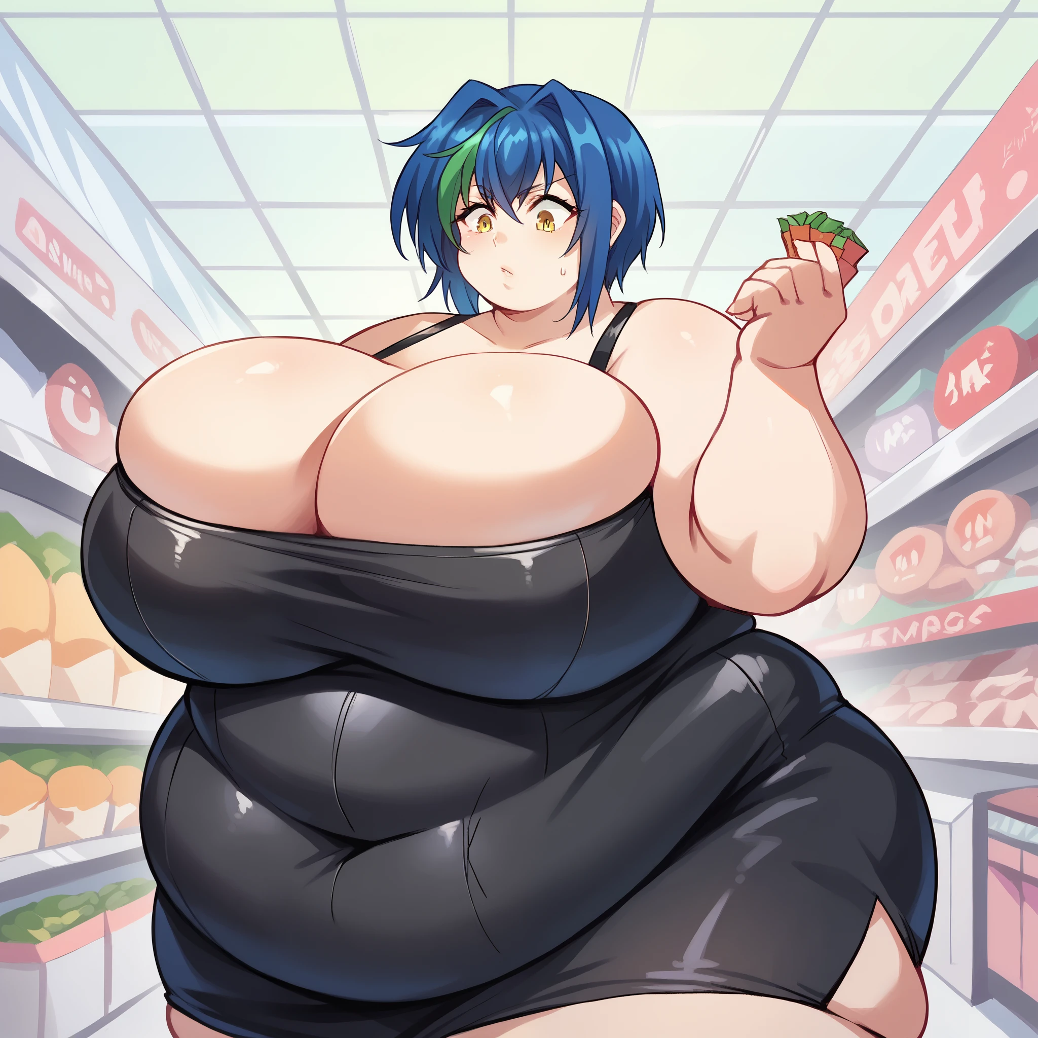 massive breasts, {Ultra gigantic breasts} massive cleavage, giantess growth, shopping mall, black latex, color,  xenovia quarta, short hair, blue hair, yellow eyes, multicolored hair, green hair, two-tone hair, streaked hair, fat, chubby, obese 