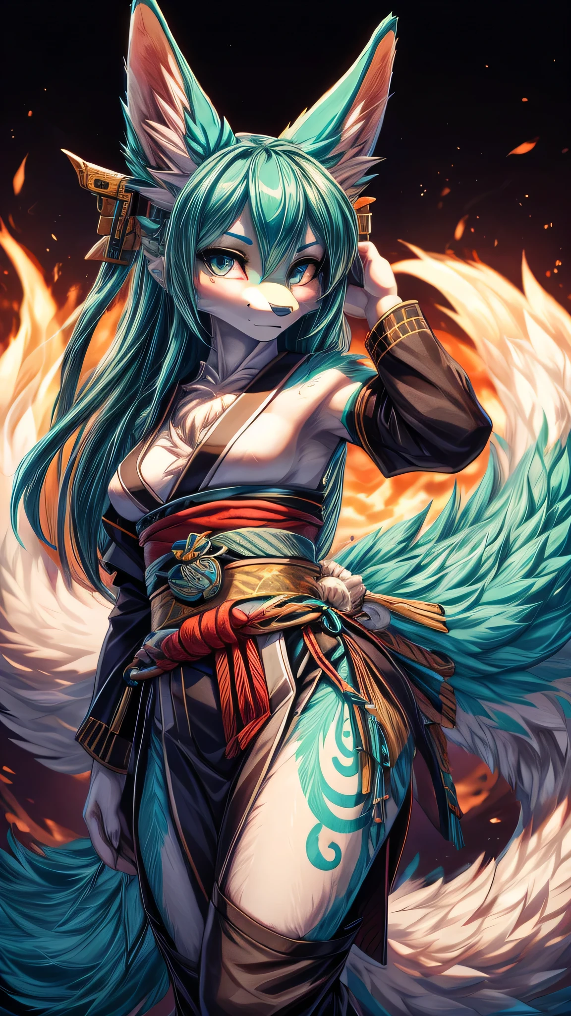 Miku Hatsune, Water&white, High Definition, kitsune ears, golden tattoo, tribal tattoo, mediolateral view sitting with legs closed, flirtatious look, deep blue eyes, magical aura, space kitsune, mystical aura, mystical aura, long fluffy tail, enhanced eyes add_detail:1, space fox, kimono Galaxy, wrapped in flames