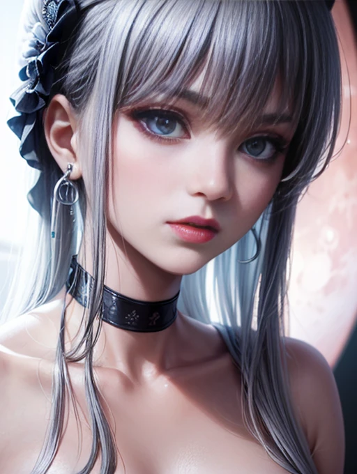 Depth of bounds written, detailed eye, ((CG illustration)), ((face focus)), ((masterpiece)), ((8K)), ((super detailed)), ((Super high quality)), ((cinematic)), ((Photoreal)), ((close up shot)), (solo), (cool girl), very long hair, straight hair, (((thin body))), Glossy skin, ((look away)), (Beautiful goth girl with high cheeks and legs), Gothic makeup, clear eyes, lipstick, dark eye shadow, ((No bra)), choker, earrings, provoke, night, ((full moon)), ((Functional)), Lonely, Visual kei, ((pastel colour)), Unwound clothes, forget, kiss, White Knight, dark, silence